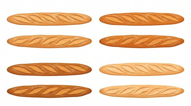 Collection of eight french baguette loaves with varying golden crust textures baguette artisanal homemade culinary