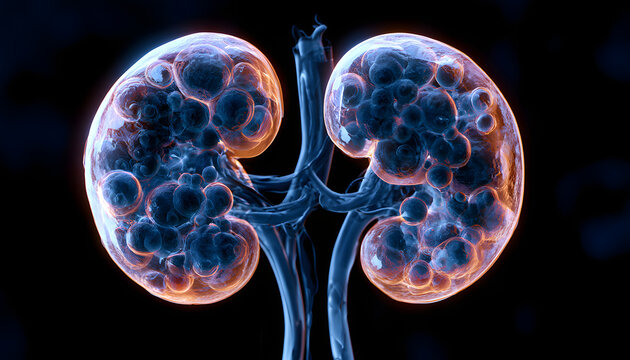 Polycystic kidney disease along with internal organ maladies. A renal condition and diagnostic tests in nephrology. A scientific illustration showing human kidneys encased in swollen fluid-filled cyst