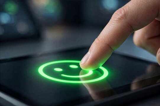 Finger touching a glowing green smiley face icon on a digital tablet screen for customer satisfaction rating