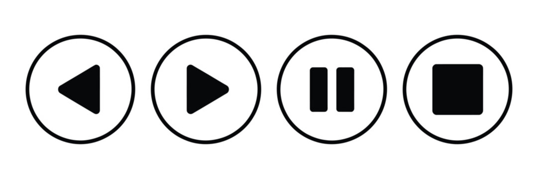 Media control icon set featuring playback buttons in outline and solid styles for video players, audio systems, streaming platforms, and interfaces