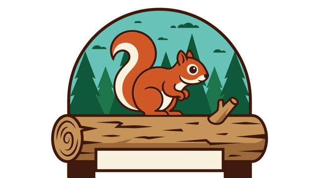 Cute Red Squirrel Illustration on a Log with Forest Background Emblem