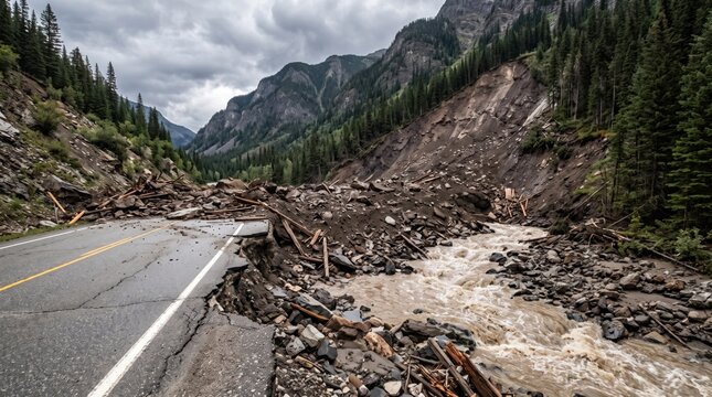 Mountain road destroyed by massive landslide and debris