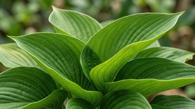 Macro view of lush green hosta leaves in a garden