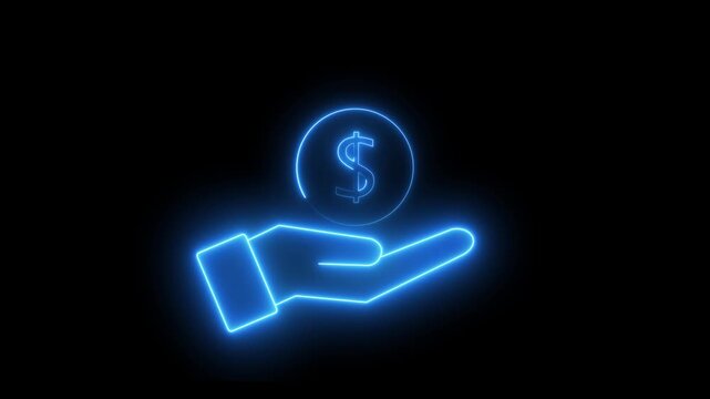 Glowing neon line dollar and hand icon isolated dollar and left hand come position . salary money, invest finance, black background.