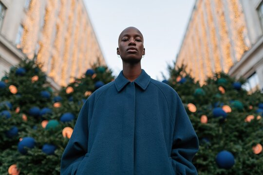 Portrait of a model in a navy coat with christmas trees and festive lights for holiday fashion poster and seasonal background