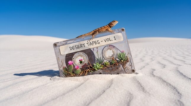 Clear audio cassette tape labeled DESERT TAPES VOL 1 buried in white sand dunes with tiny blooming cacti growing inside and a lizard crawling along the top edge under a clear blue desert sky.