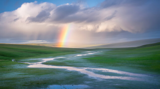 A landscape featuring a bright rainbow appearing over a vast, green, rolling meadow with a winding stream, under a dramatic sky filled with heavy, light-filled clouds after a rain shower