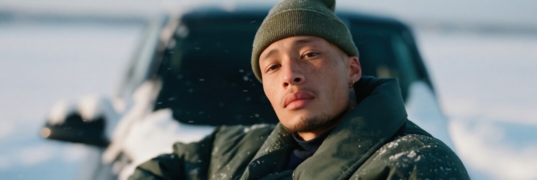 Winter portrait of a man leaning on a car in snow for outdoor lifestyle banner and automotive background