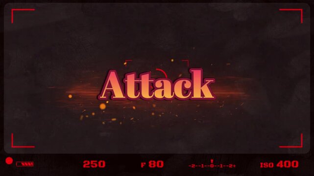 Digital viewfinder overlay displaying attack text with glitch effects and cinematic lens flare elements
