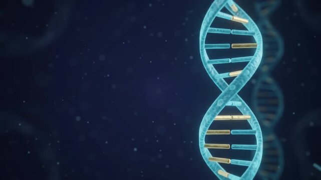 3D DNA Double Helix Strand for Genetic Research and Biotechnology on Dark Blue Scientific Background with Copy Space