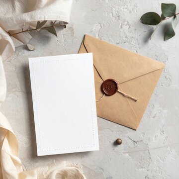 Blank white stationery card with craft envelope and wax seal, textured stone background, wedding invitation mockup