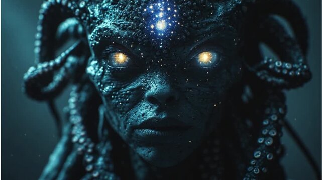 Mystical 3D dark fantasy portrait of a demonic cyber entity with glowing golden eyes and horns sci-fi horror concept video