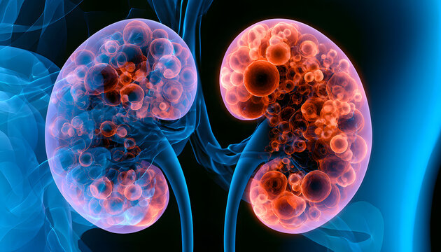 Polycystic kidney disease along with organ abnormalities. Kidney disorder and diagnostic tests in nephrology. Illustration showing enlarged fluid-filled cysts on human kidneys