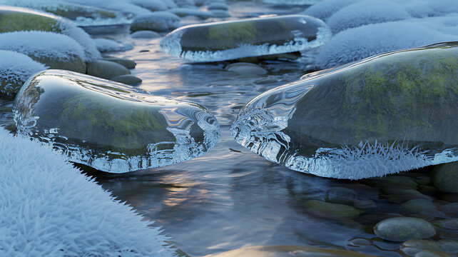 Detailed close-up of clear ice chunks resting on smooth river stones in a cold winter stream, surrounded by frost-covered ground and flowing water, capturing the essence of a freezing winter