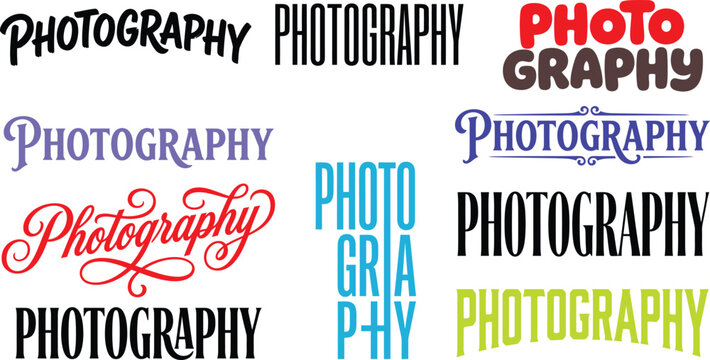 Photography lettering typography set, photographer studio watermark logotypes, vintage calligraphy cursive script, modern condensed headline font, camera photo branding and cut file vector elements