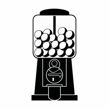 Gumball machine vector graphic illustration featuring a classic round dispenser filled with round candy balls in clean black and white