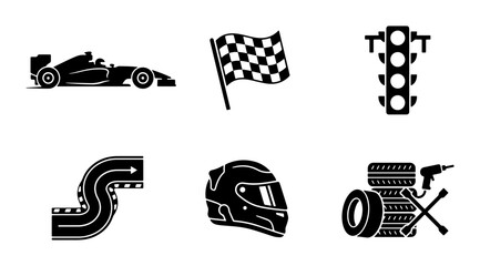 Fototapeta premium Formula 1 Racing Icons, Motorsport Vector Set: Car, Flag, Traffic Light, Track, Helmet, Wheels