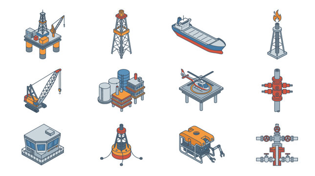 Collection of Offshore Oil and Gas Industry Equipment Icons.