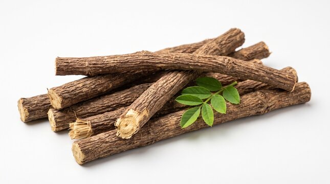 Licorice root sticks with leaves for herbal remedies
