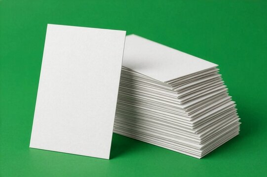 Blank white business cards stack mockup on a solid green background