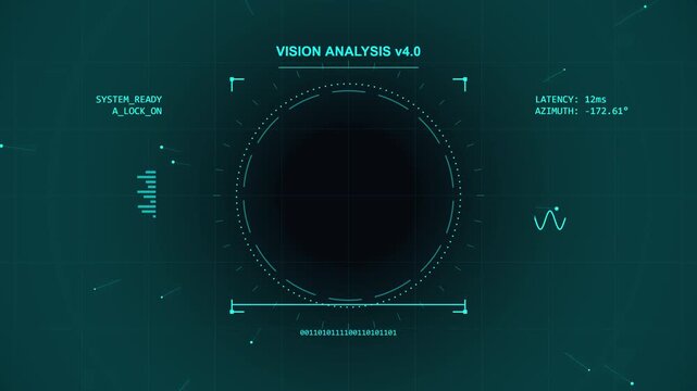 Futuristic digital interface displaying data analysis, charts and statistics on a dark grid background, science fiction theme