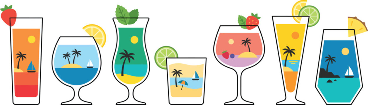 Tropical cocktail collection with beach landscape art. Summer drink set featuring 7 colorful beverage vectors. Exotic bar menu icons.