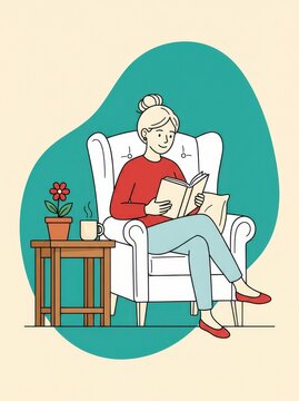 Cozy Home Scene with Woman Reading Book in Comfortable Chair and Hot Drink Illustration