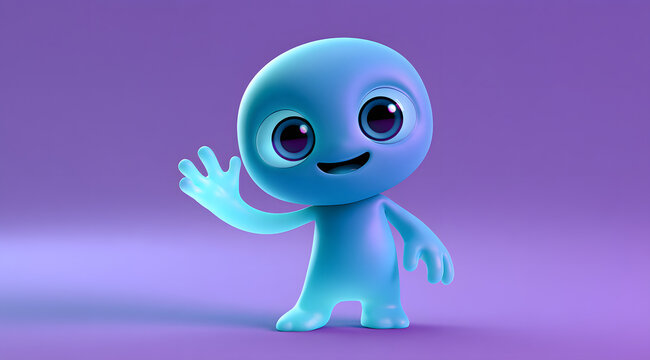 A cute, friendly blue alien character waves its hand with a friendly smile. An adorable 3D cartoon creature greets the viewer against a purple background. Small, lovable extraterrestrial mascot for a 