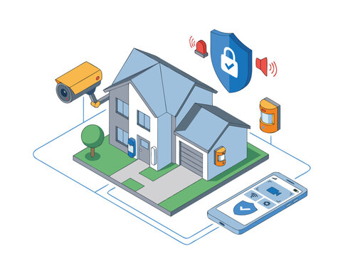 Isometric vector illustration of a smart home security system protecting a suburban house, monitored via smartphone app with CCTV and sensors.