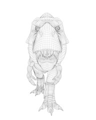 3D wireframe dinosaur with open mouth, front view on white background. © German Ovchinnikov