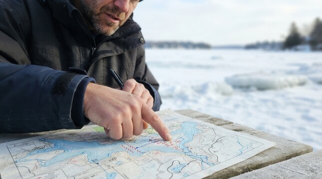 An intrepid explorer carefully charts a frosty winter expedition tracing meticulous pathways upon a detailed topographical map amidst a serene frozen landscape