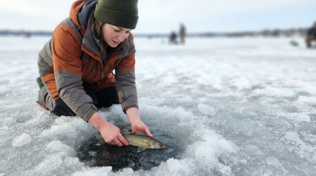 Female angler delicately releasing a freshly caught fish back into the icy depths through a carved hole