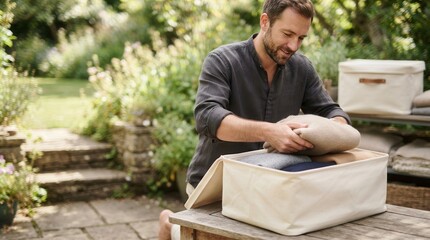 Fototapeta premium Serene gentleman meticulously folding and arranging soft woolen textiles into a pristine canvas storage box within a tranquil sunlit garden patio setting