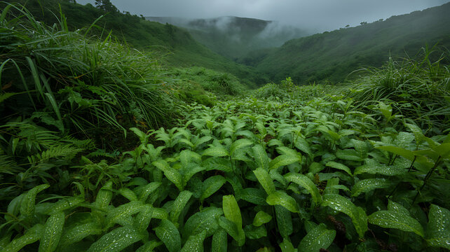 A lush green hillside covered in dense vegetation and wet leaves with water droplets after rain under a heavy overcast sky with mist rolling over the distant mountains in a remote natural landscape