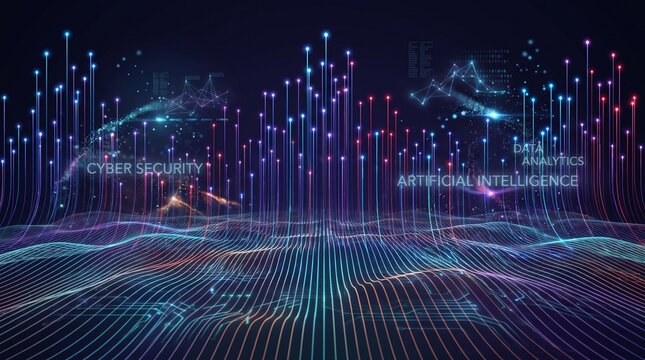 Futuristic cyber security and artificial intelligence data analytics concept with neon lights