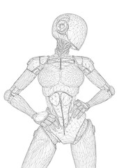 Fototapeta premium Female robot wireframe stands with hands on hips, 3D model design on white background.