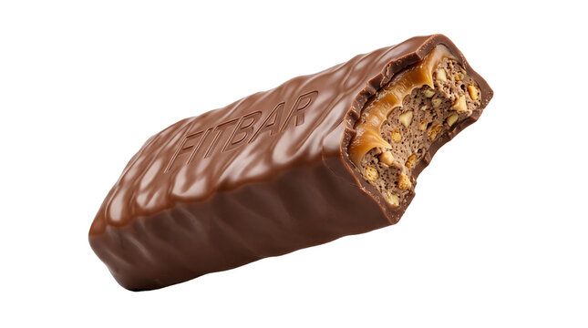Bitten chocolate fitness bar with caramel and nuts for energy and healthy snack.
