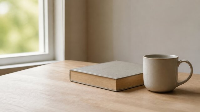 Minimal reading corner with ceramic coffee mug and closed hardcover book beside softly lit window