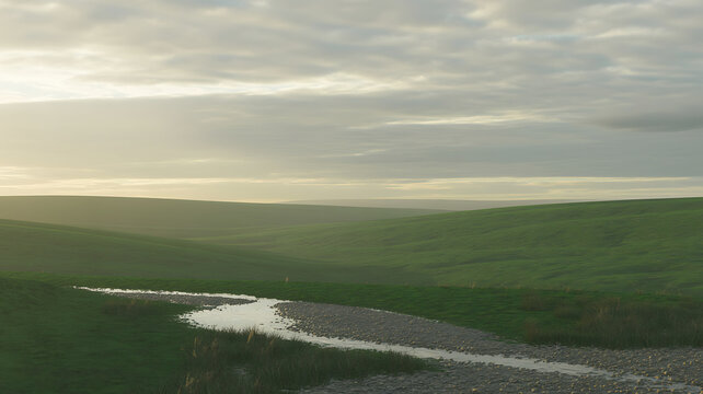 A wide landscape view of rolling green hills under a cloudy sky at sunset with a small shallow stream flowing over a pebble bed in the foreground of a peaceful rural countryside scene