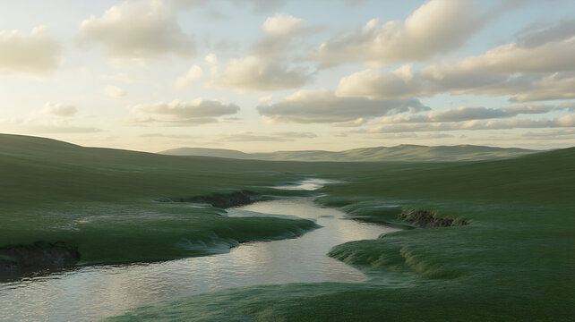 A winding river flowing through vast rolling green hills under a soft sunset sky with scattered clouds in a peaceful and expansive natural landscape of a rural countryside valley