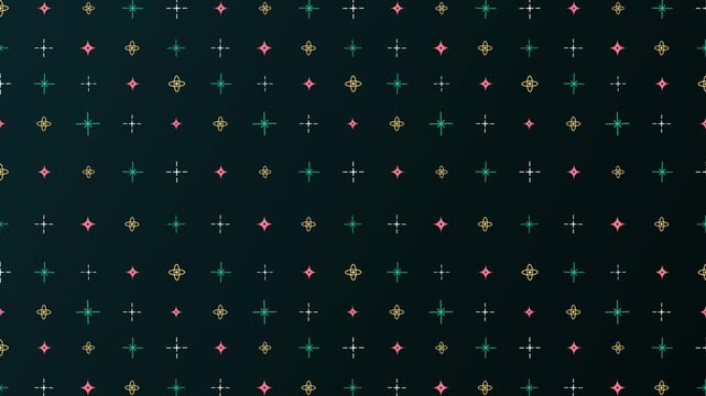 Abstract dark background with a colorful retro googie star pattern moving diagonally. This seamless vintage loom motion graphic loop is perfect for playful creative video designs.
