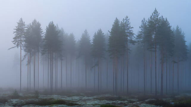 Tall pine trees rising from a mossy forest floor into a thick blanket of dense blue fog that obscures the background, and creates a, mysterious and quiet, woodland atmosphere