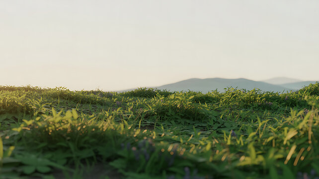 Low angle close up of green grass blades in a meadow with soft sunlight hitting the tips and distant rolling hills visible in the blurred background, under a clear sky