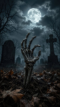 Skeleton hand rising from grave in dark spooky cemetery at night. Zombie hand reaching out of the ground under full moon.
