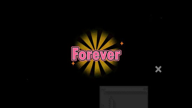 Animated forever text graphic featuring radiant golden sunburst rays against a dark minimalist background design with pink typography centered