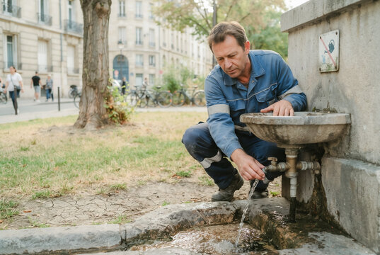 Municipal worker inspecting a public drinking water fountain