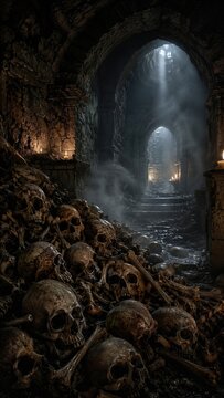Pile of skulls and bones in dark medieval catacomb with burning candles. Spooky dungeon interior with fog and mysterious light. Horror background for Halloween concept