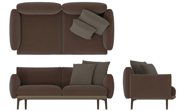 Sofa 2d for floor plan and cross-section view, Orthogonal, top, front and side view furniture transparent background render	
