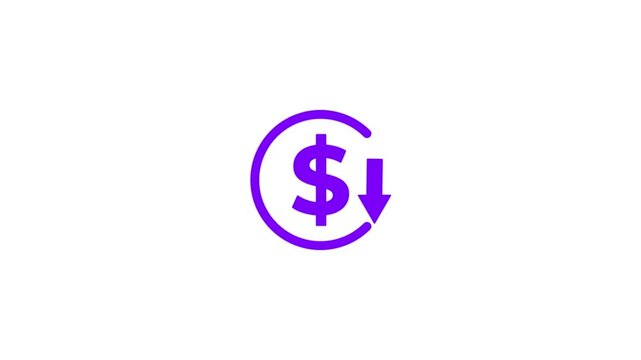 Abstract decrease icon on White background. Dollar rate down looped icon. Reduce costs sign and symbol. animation. 4k video...