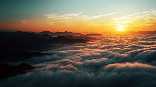 Majestic mountain peaks rising above thick rolling clouds during a golden sunset with vibrant orange and purple light across sky